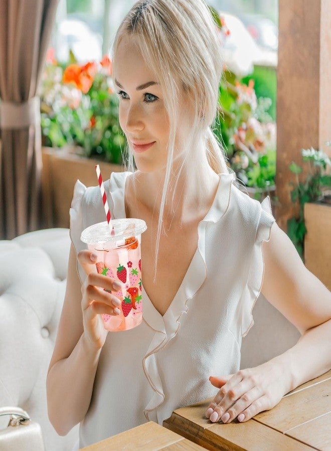 JarThenaAMCS 50Pcs Strawberry Plastic Cups with Lids and Straws Pink Red Strawberry Flower Clear Plastic Cups 12oz Disposable Cups for Summer Spring Party Supplies - Image 5